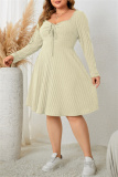 Green Casual Square Neck Long Sleeve Belted Plus Size Knitted Sweater A Line Mini Dresses