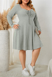 Green Casual Square Neck Long Sleeve Belted Plus Size Knitted Sweater A Line Mini Dresses