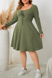 Green Casual Square Neck Long Sleeve Belted Plus Size Knitted Sweater A Line Mini Dresses
