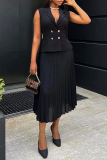 Black Casual Turndown Collar Buttons Sleeveless Blazer Vest And Pleated Midi Skirts Formal Office Lady Two Pieces Suit Set
