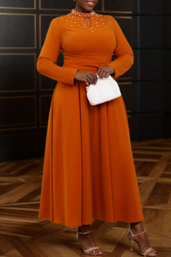 Brown Beading O Neck Hollow Out Formal Evening Party A Line Pleated Maxi Dresses