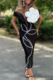 Black 3D Flowers Decor Sleeveless Backless Deep V Neck One Step Skirt Formal Evening Party Bodycon Midi Dress