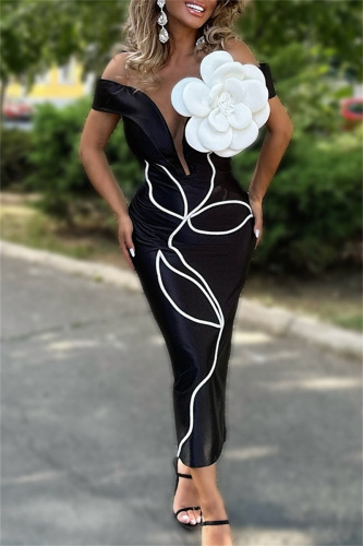 Black 3D Flowers Decor Sleeveless Backless Deep V Neck One Step Skirt Formal Evening Party Bodycon Midi Dress