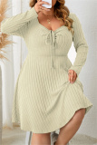 Green Casual Square Neck Long Sleeve Belted Plus Size Knitted Sweater A Line Mini Dresses