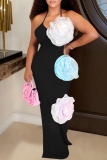 Black 3D Flowers Decor Backless Sleeveless Long Formal Evening Party Bodycon Halter Maxi Dress