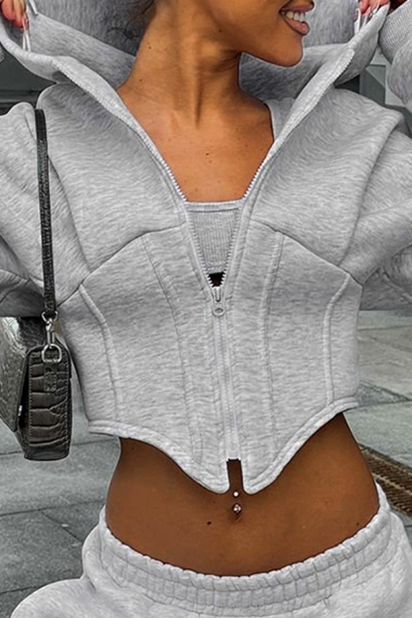 Grey Casual Zipper Collar Long Sleeve Crop Hooded Jackets
