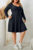 Green Casual Square Neck Long Sleeve Belted Plus Size Knitted Sweater A Line Mini Dresses