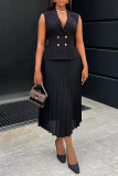 Black Casual Turndown Collar Buttons Sleeveless Blazer Vest And Pleated Midi Skirts Formal Office Lady Two Pieces Suit Set
