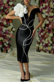 Black 3D Flowers Decor Sleeveless Backless Deep V Neck One Step Skirt Formal Evening Party Bodycon Midi Dress