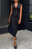 Black Casual Turndown Collar Buttons Sleeveless Blazer Vest And Pleated Midi Skirts Formal Office Lady Two Pieces Suit Set