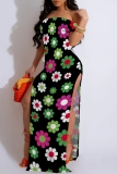 White Graphcis Print Off Shoulder Long Flutter Sleeve Mermaid Hem Side Slit Vacation Boho Style Maxi Dresses