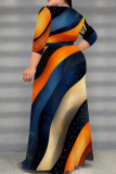 Navy Blue Casual Graphics Print V Neck Half Sleeve With Belt Ankle Length Vacation Loose Straight A Line Maxi Dress