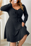 Green Casual Square Neck Long Sleeve Belted Plus Size Knitted Sweater A Line Mini Dresses