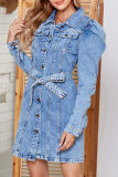 Blue Casual Turndown Collar Long Sleeve Distressed Lace Up Buckle Straight Denim Mini Dresses