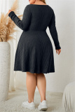 Green Casual Square Neck Long Sleeve Belted Plus Size Knitted Sweater A Line Mini Dresses