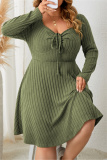 Green Casual Square Neck Long Sleeve Belted Plus Size Knitted Sweater A Line Mini Dresses