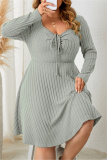 Green Casual Square Neck Long Sleeve Belted Plus Size Knitted Sweater A Line Mini Dresses