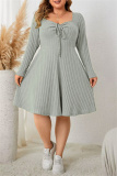 Green Casual Square Neck Long Sleeve Belted Plus Size Knitted Sweater A Line Mini Dresses