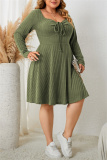 Green Casual Square Neck Long Sleeve Belted Plus Size Knitted Sweater A Line Mini Dresses