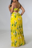 Yellow Floral Print Sleeveless Backless Cutout Belted Spaghetti Strap Casual Vacation Long Ruched Pleated Maxi Slip Dresses
