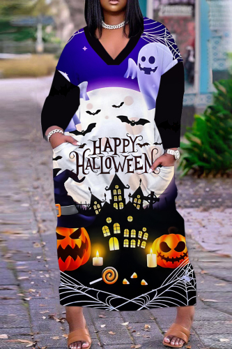 Black Orange Halloween Pumpkin Skull Print V Neck Long Sleeve Casual Loose Midi Dresses