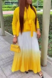 Yellow Casual Gradient Color Cardigan Collar Long Sleeve Belted Blazer And Pleated Maxi Skirt Formal Evening Party Two Pieces Dress Sets