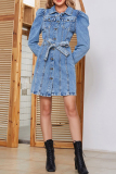 Blue Casual Turndown Collar Long Sleeve Distressed Lace Up Buckle Straight Denim Mini Dresses