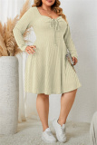 Green Casual Square Neck Long Sleeve Belted Plus Size Knitted Sweater A Line Mini Dresses