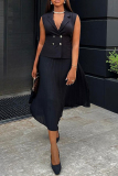 Black Casual Turndown Collar Buttons Sleeveless Blazer Vest And Pleated Midi Skirts Formal Office Lady Two Pieces Suit Set
