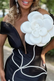 Black 3D Flowers Decor Sleeveless Backless Deep V Neck One Step Skirt Formal Evening Party Bodycon Midi Dress