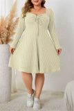 Green Casual Square Neck Long Sleeve Belted Plus Size Knitted Sweater A Line Mini Dresses