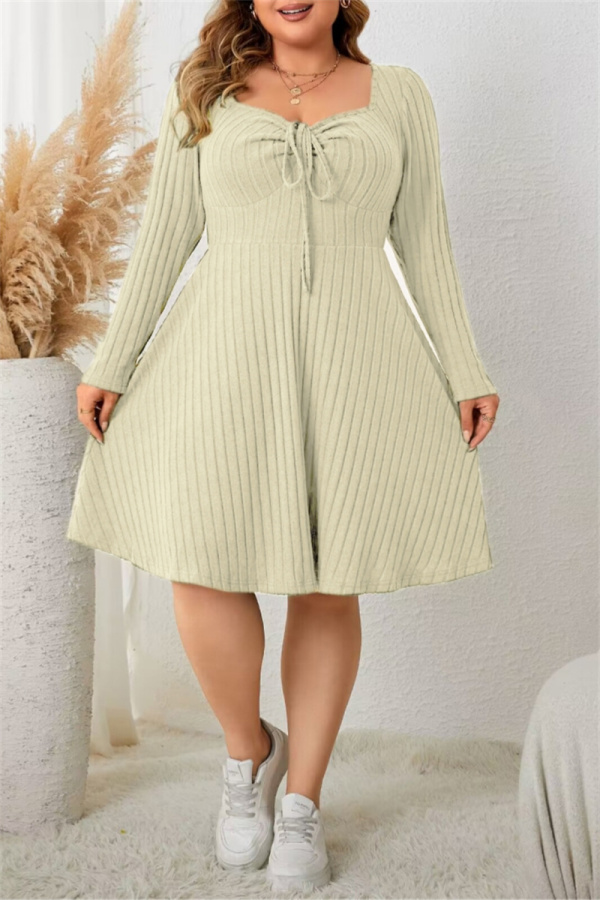 Green Casual Square Neck Long Sleeve Belted Plus Size Knitted Sweater A Line Mini Dresses