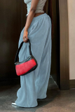 Blue Casual Loose High Waist Straight Pocket Potholes Wide Leg Pants