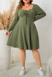 Green Casual Square Neck Long Sleeve Belted Plus Size Knitted Sweater A Line Mini Dresses