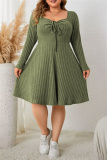 Green Casual Square Neck Long Sleeve Belted Plus Size Knitted Sweater A Line Mini Dresses
