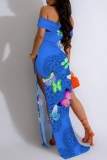 White Graphcis Print Off Shoulder Long Flutter Sleeve Mermaid Hem Side Slit Vacation Boho Style Maxi Dresses