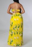 Yellow Floral Print Sleeveless Backless Cutout Belted Spaghetti Strap Casual Vacation Long Ruched Pleated Maxi Slip Dresses