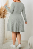 Green Casual Square Neck Long Sleeve Belted Plus Size Knitted Sweater A Line Mini Dresses