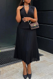 Black Casual Turndown Collar Buttons Sleeveless Blazer Vest And Pleated Midi Skirts Formal Office Lady Two Pieces Suit Set