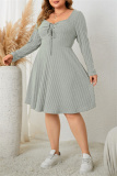 Green Casual Square Neck Long Sleeve Belted Plus Size Knitted Sweater A Line Mini Dresses