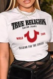 White Casual Letter Print Basic O Neck Short Sleeve Slim Fitted T-Shirts