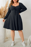 Green Casual Square Neck Long Sleeve Belted Plus Size Knitted Sweater A Line Mini Dresses