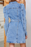 Blue Casual Turndown Collar Long Sleeve Distressed Lace Up Buckle Straight Denim Mini Dresses