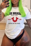 White Casual Letter Print Basic O Neck Short Sleeve Slim Fitted T-Shirts