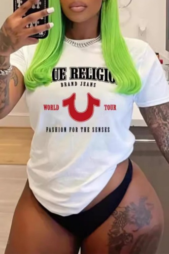 White Casual Letter Print Basic O Neck Short Sleeve Slim Fitted T-Shirts