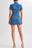 Blue Casual Turndown Collar Short Sleeve Distressed Buttons Denim Blouse And Mini Skirt Two Pieces Dress Sets