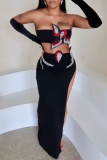 Black Rhinestone Backless Strapless Sleeveless Slit Tube Crop Tops And Side Slit Maxi Skirts Formal Evening Party Two Pieces Dress Sets (With Sleeves)