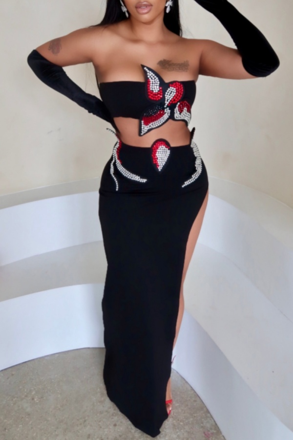 Black Rhinestone Backless Strapless Sleeveless Slit Tube Crop Tops And Side Slit Maxi Skirts Formal Evening Party Two Pieces Dress Sets (With Sleeves)