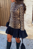 Street Leopard Print Half A Turtleneck Flare Sleeve Ruffle Hem Vacation Mini Dresses