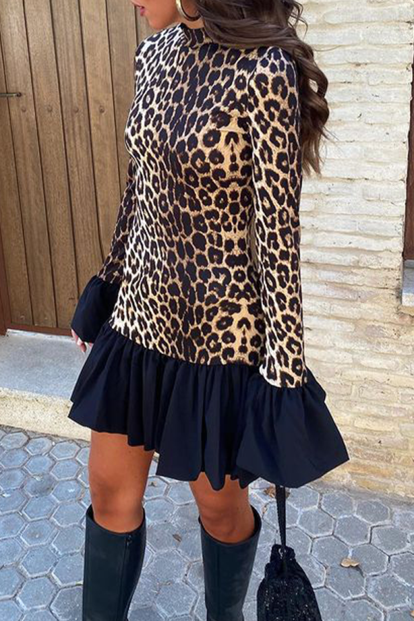 Street Leopard Print Half A Turtleneck Flare Sleeve Ruffle Hem Vacation Mini Dresses